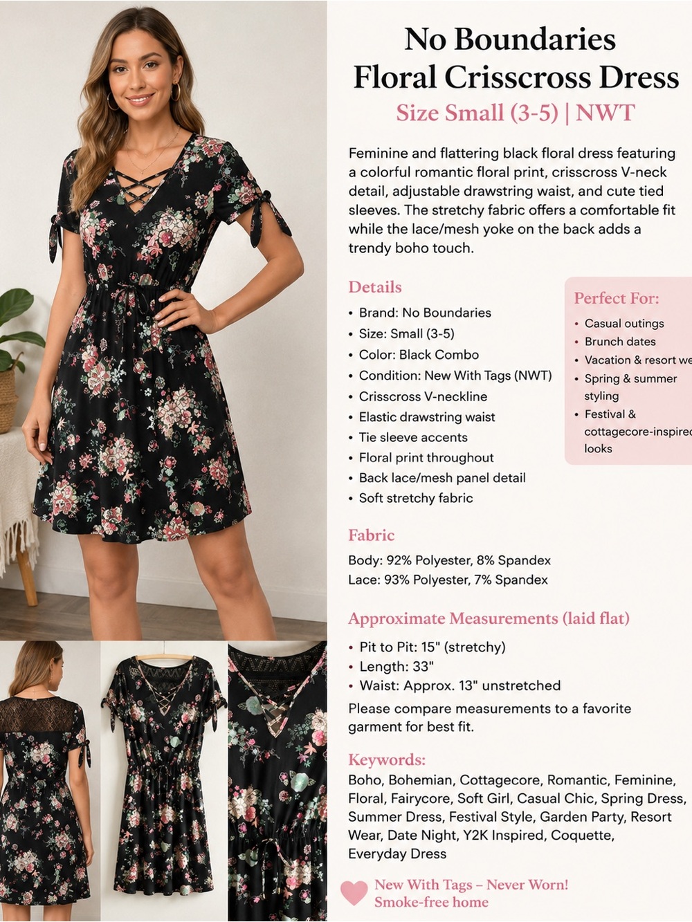 No Boundaries Black Floral Tie-Waist Mini Dress